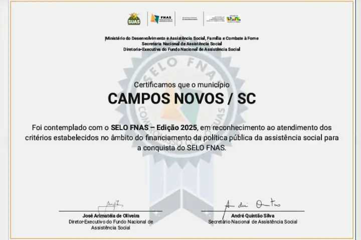 Campos Novos conquista Selo FNAS e se destaca na gestão da assistência social