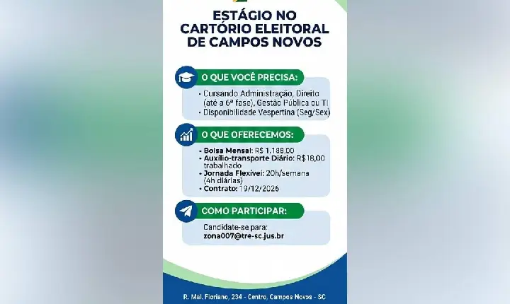 Cartório Eleitoral de Campos Novos abre vaga de estágio para estudantes de Administração, Direito e Gestão Pública