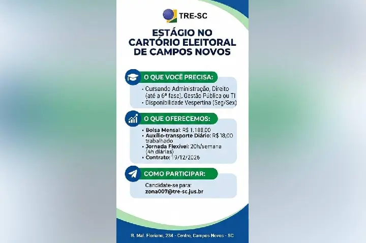 Cartório Eleitoral de Campos Novos abre vaga de estágio para estudantes de Administração, Direito e Gestão Pública