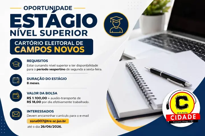 Cartório Eleitoral de Campos Novos abre vaga de estágio para estudantes de nível superior