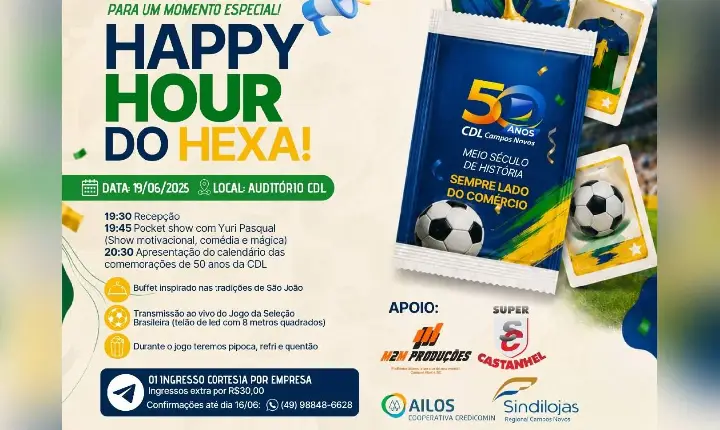 CDL de Campos Novos lança programação dos 50 anos com Happy Hour temático e transmissão do jogo do Brasil
