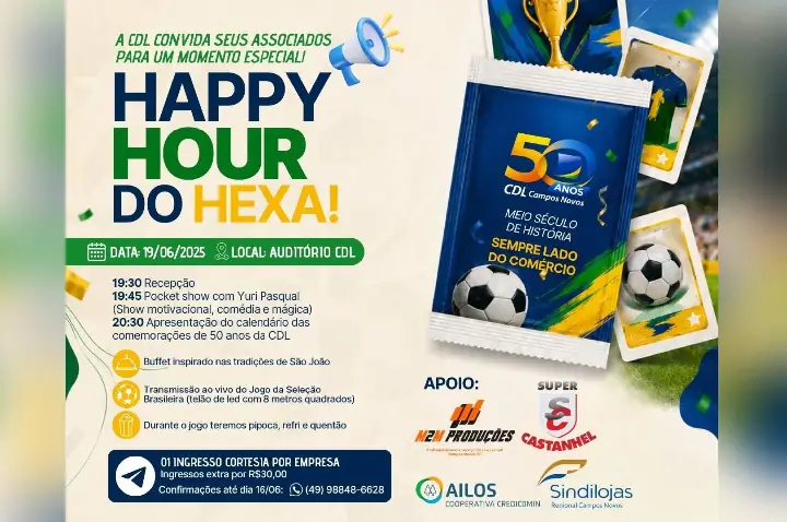 CDL de Campos Novos lança programação dos 50 anos com Happy Hour temático e transmissão do jogo do Brasil