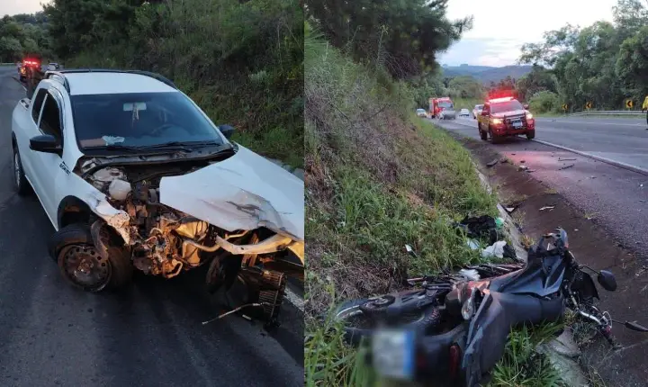 Colisão entre carro e motocicleta deixa motociclista ferido na SC-135, em Campos Novos