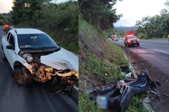Colisão entre carro e motocicleta deixa motociclista ferido na SC-135, em Campos Novos