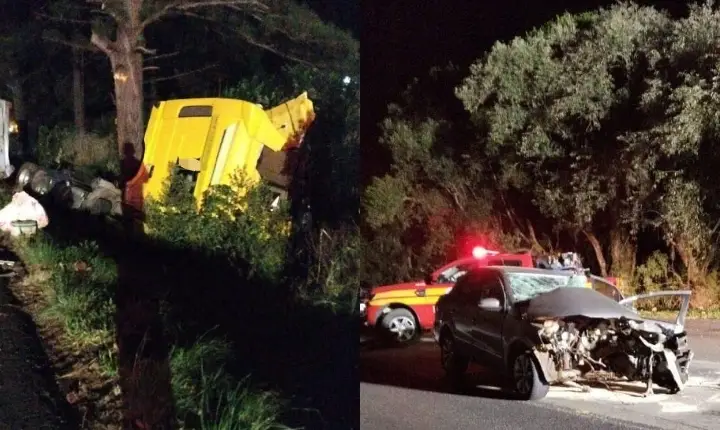 Colisão frontal entre carro e caminhão deixa motorista gravemente ferido na BR-470, em Campos Novos