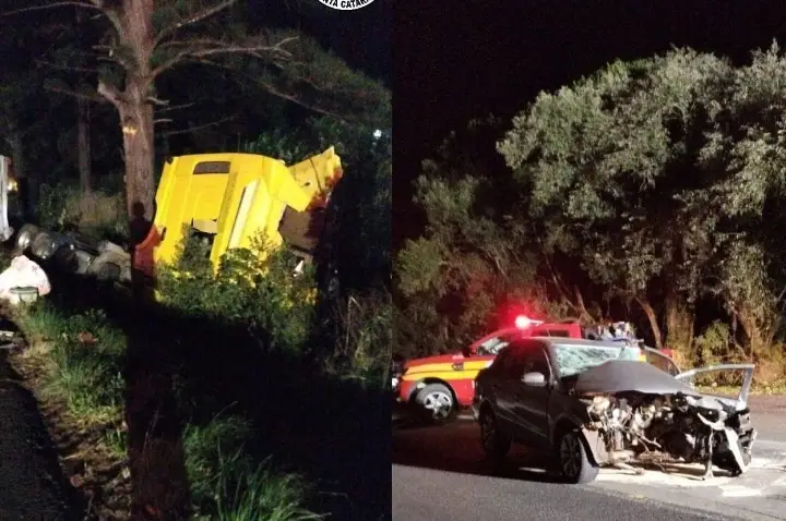 Colisão frontal entre carro e caminhão deixa motorista gravemente ferido na BR-470, em Campos Novos