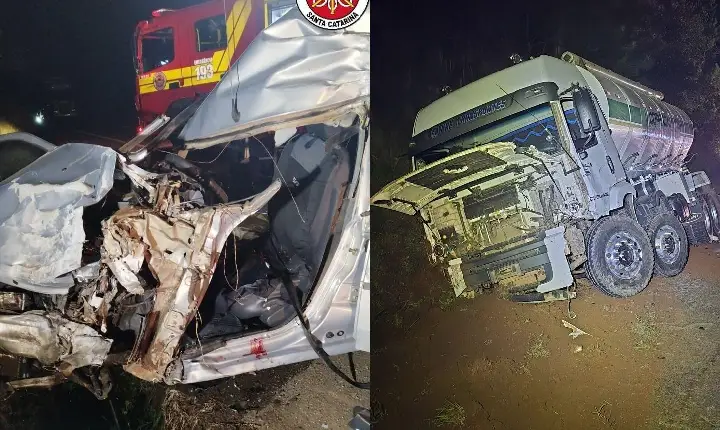 Colisão frontal entre carro e caminhão deixa um morto na BR-282 em Campos Novos