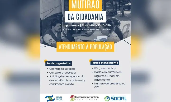 Defensoria Pública realiza mutirões itinerantes em Campos Novos na próxima semana