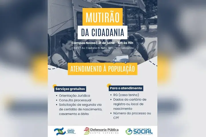 Defensoria Pública realiza mutirões itinerantes em Campos Novos na próxima semana