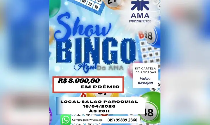 Diversão que faz o bem: Bingo Azul da AMA promete noite especial em Campos Novos