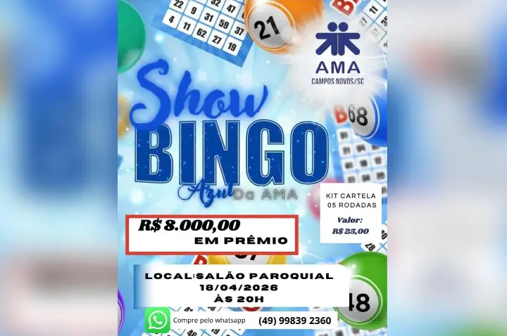 Diversão que faz o bem: Bingo Azul da AMA promete noite especial em Campos Novos