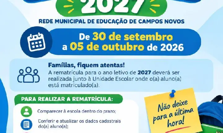 Educação de Campos Novos inicia período de rematrículas para o ano letivo de 2027