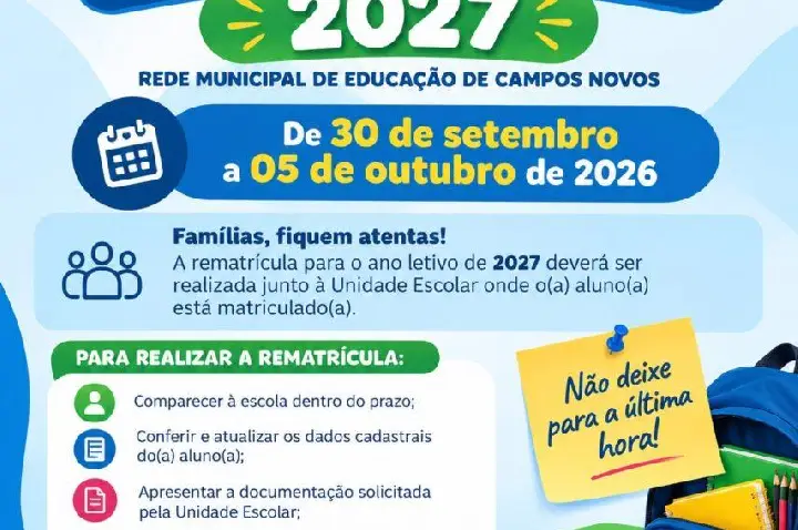 Educação de Campos Novos inicia período de rematrículas para o ano letivo de 2027