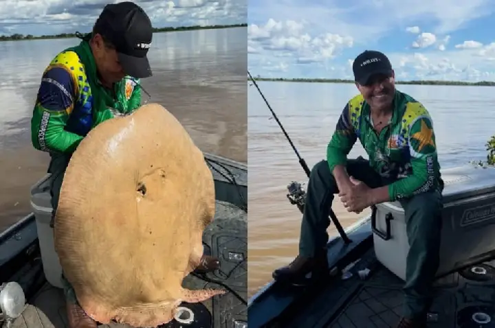 Em pescaria no Rio Araguaia, cantor Eduardo Costa se surpreende com arraia de mais de 65kg