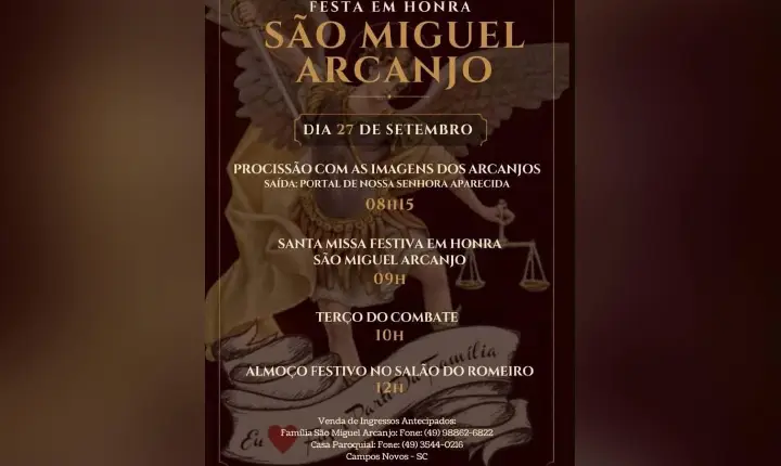 Festa em honra a São Miguel Arcanjo acontece no dia 27 de setembro em Campos Novos