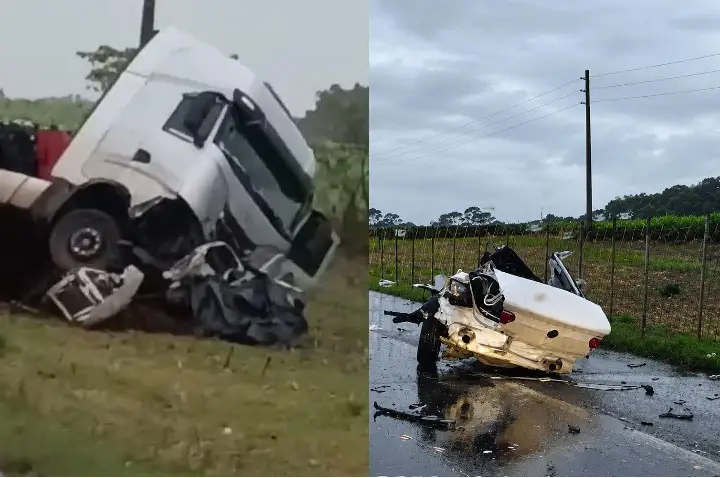 Grave acidente entre carro e carreta deixa uma vítima fatal na BR-470, em Campos Novos