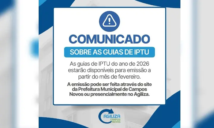 Guias do IPTU 2026 de Campos Novos estarão disponíveis a partir de fevereiro