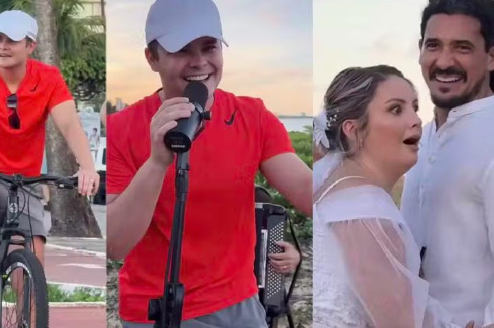Matheus, da dupla com Kauan, vê casamento na praia e surpreende noivos com show.