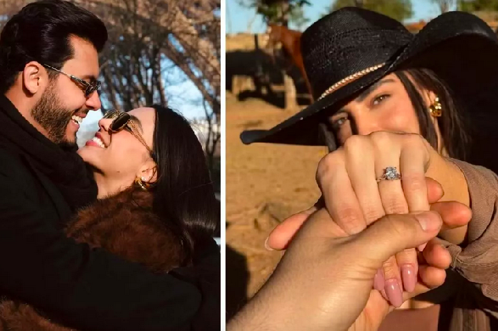 Murilo Huff pede Gabriela Versiani em casamento e casal mostra anel.