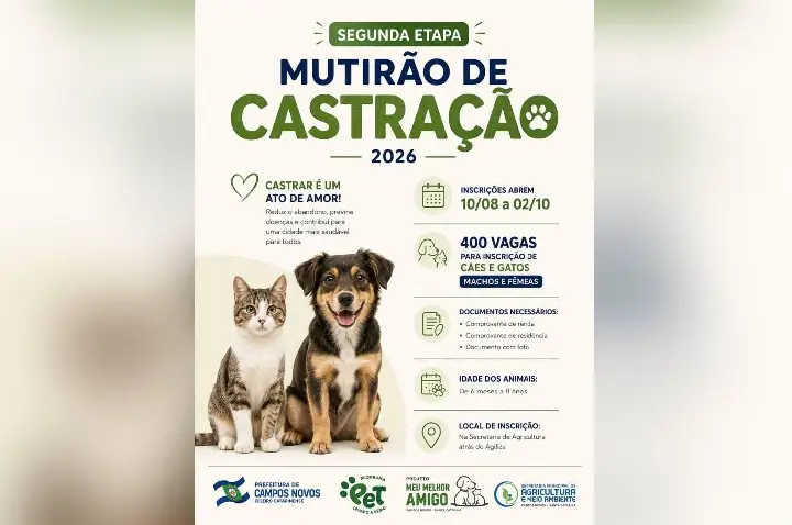 Prefeitura de Campos Novos abre inscrições para a segunda etapa do Mutirão de Castração