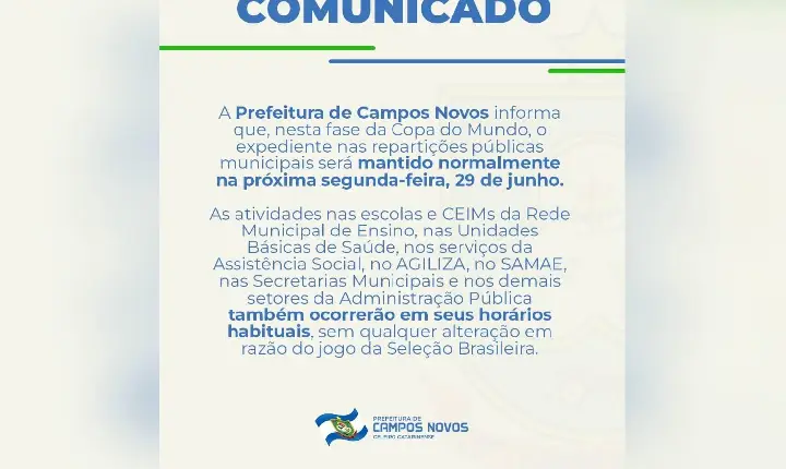 Prefeitura de Campos Novos mantém expediente normal durante jogo da Seleção Brasileira