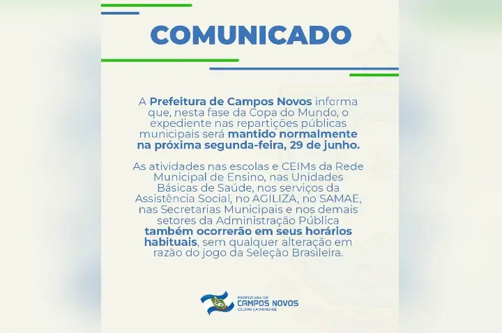 Prefeitura de Campos Novos mantém expediente normal durante jogo da Seleção Brasileira