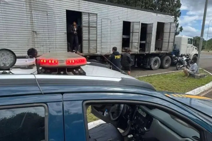 PRF flagra trabalhadores sendo transportados em baú de caminhão na BR-282 em Campos Novos