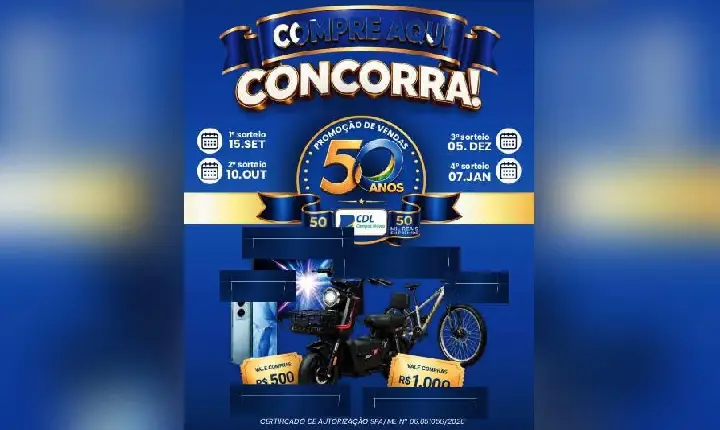 Promoção de Vendas ‘CDL 50 anos, 50 Prêmios e 50 mil reais em prêmios’ já está sendo comercializada