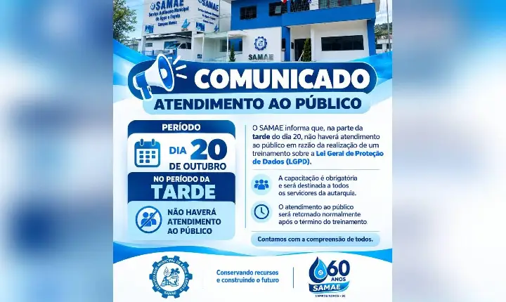 SAMAE suspende atendimento ao público na tarde de terça-feira, 20