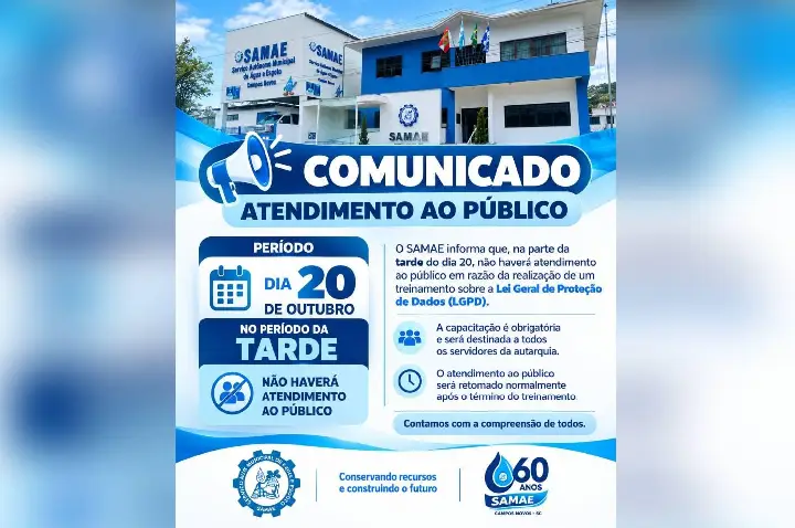 SAMAE suspende atendimento ao público na tarde de terça-feira, 20