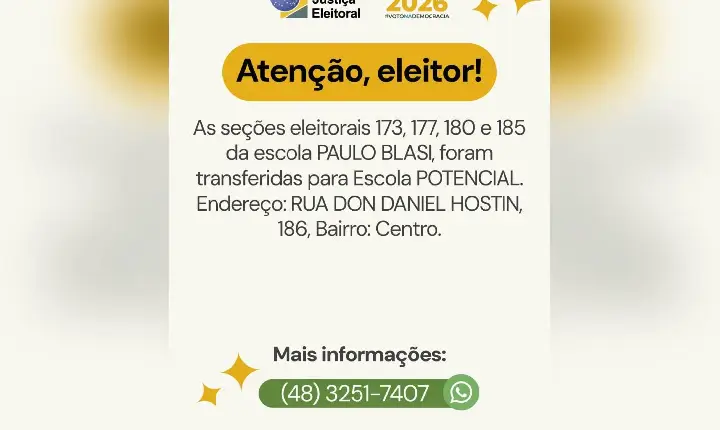 Seções eleitorais de quatro turmas da Escola Paulo Blasi são transferidas para a Escola Potencial