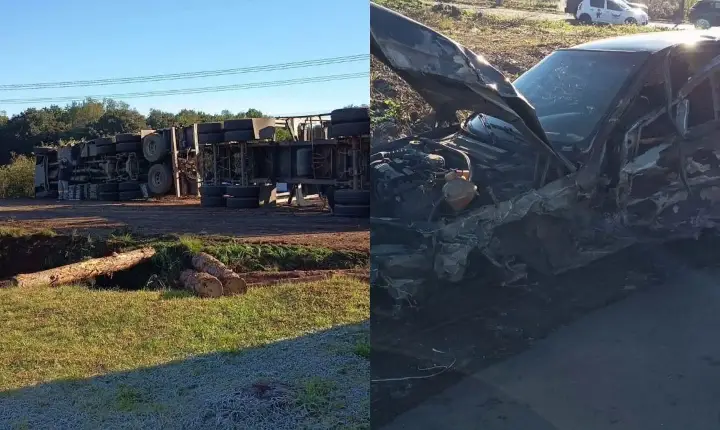 Tombamento de carreta carregada com madeira interdita BR-470 em Campos Novos