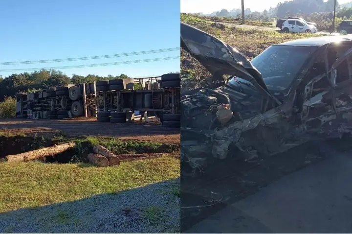 Tombamento de carreta carregada com madeira interdita BR-470 em Campos Novos
