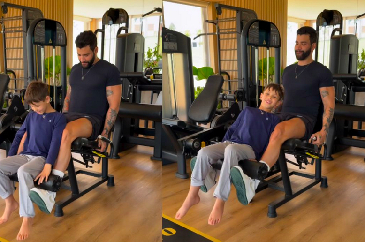 Treino em dia! Gusttavo Lima diverte ao usar filho de peso em exercício na academia