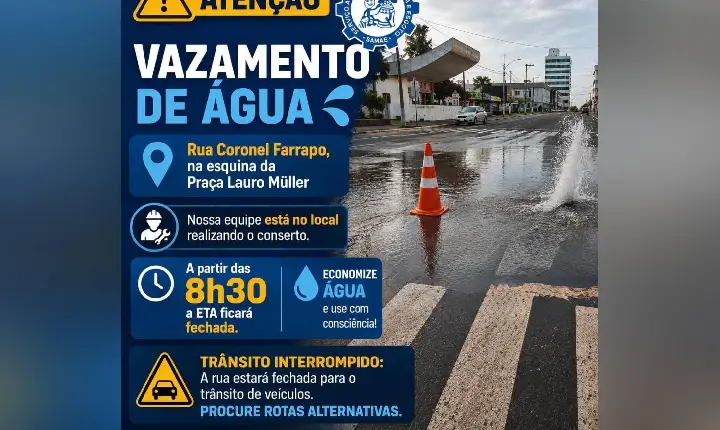 Vazamento de água provoca fechamento da ETA e interdição de trecho em Campos Novos