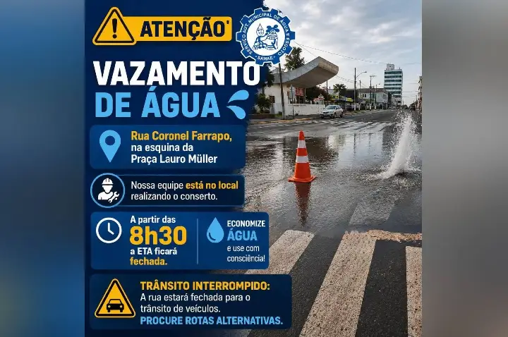 Vazamento de água provoca fechamento da ETA e interdição de trecho em Campos Novos