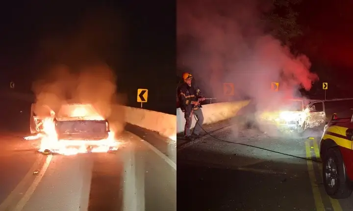 Veículo é destruído por incêndio na SC-135, em Celso Ramos