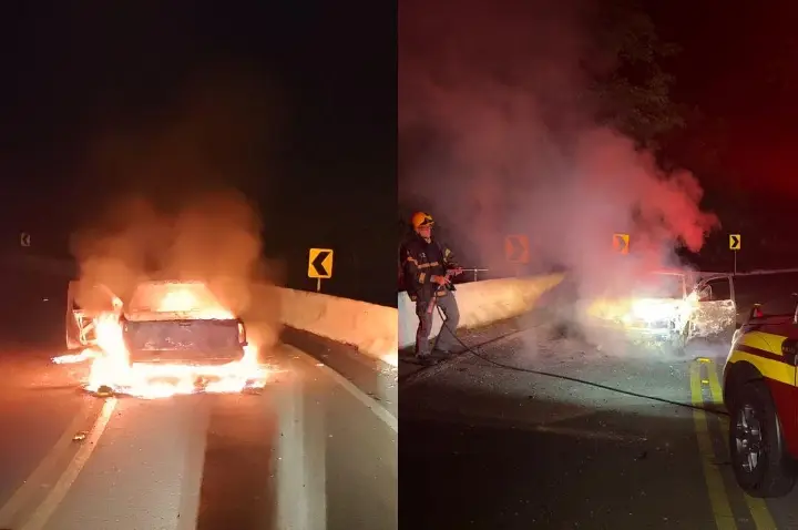 Veículo é destruído por incêndio na SC-135, em Celso Ramos