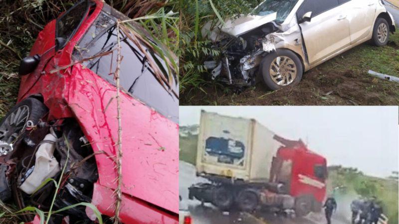 Três pessoas são socorridas após acidente entre dois carros e uma carreta na BR-282