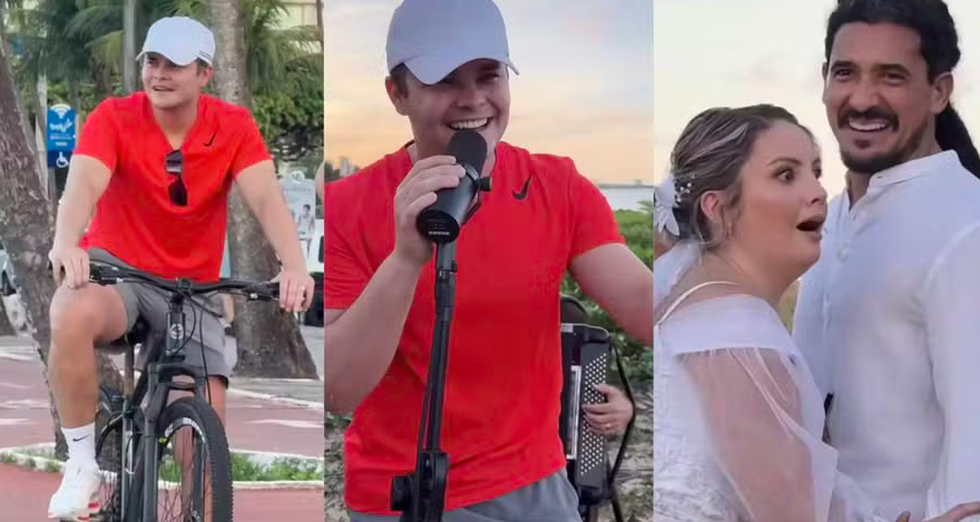 Matheus, da dupla com Kauan, vê casamento na praia e surpreende noivos com show.