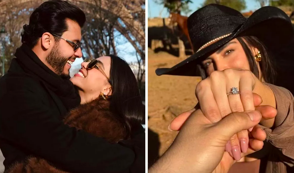 Murilo Huff pede Gabriela Versiani em casamento e casal mostra anel.