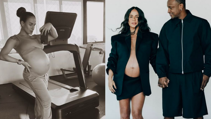 Na reta final da gravidez, Carol Peixinho exibe barrigão de 8 meses durante treino.