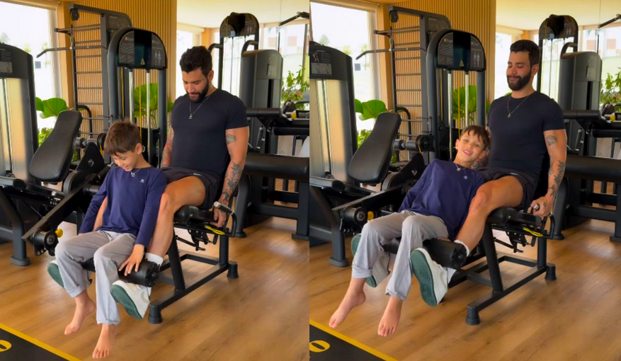 Treino em dia! Gusttavo Lima diverte ao usar filho de peso em exercício na academia
