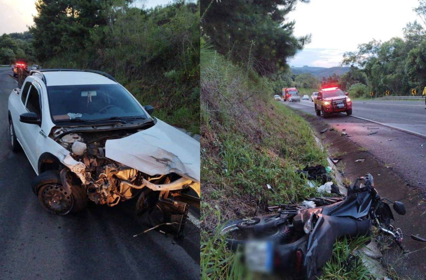 Colisão entre carro e motocicleta deixa motociclista ferido na SC-135, em Campos Novos