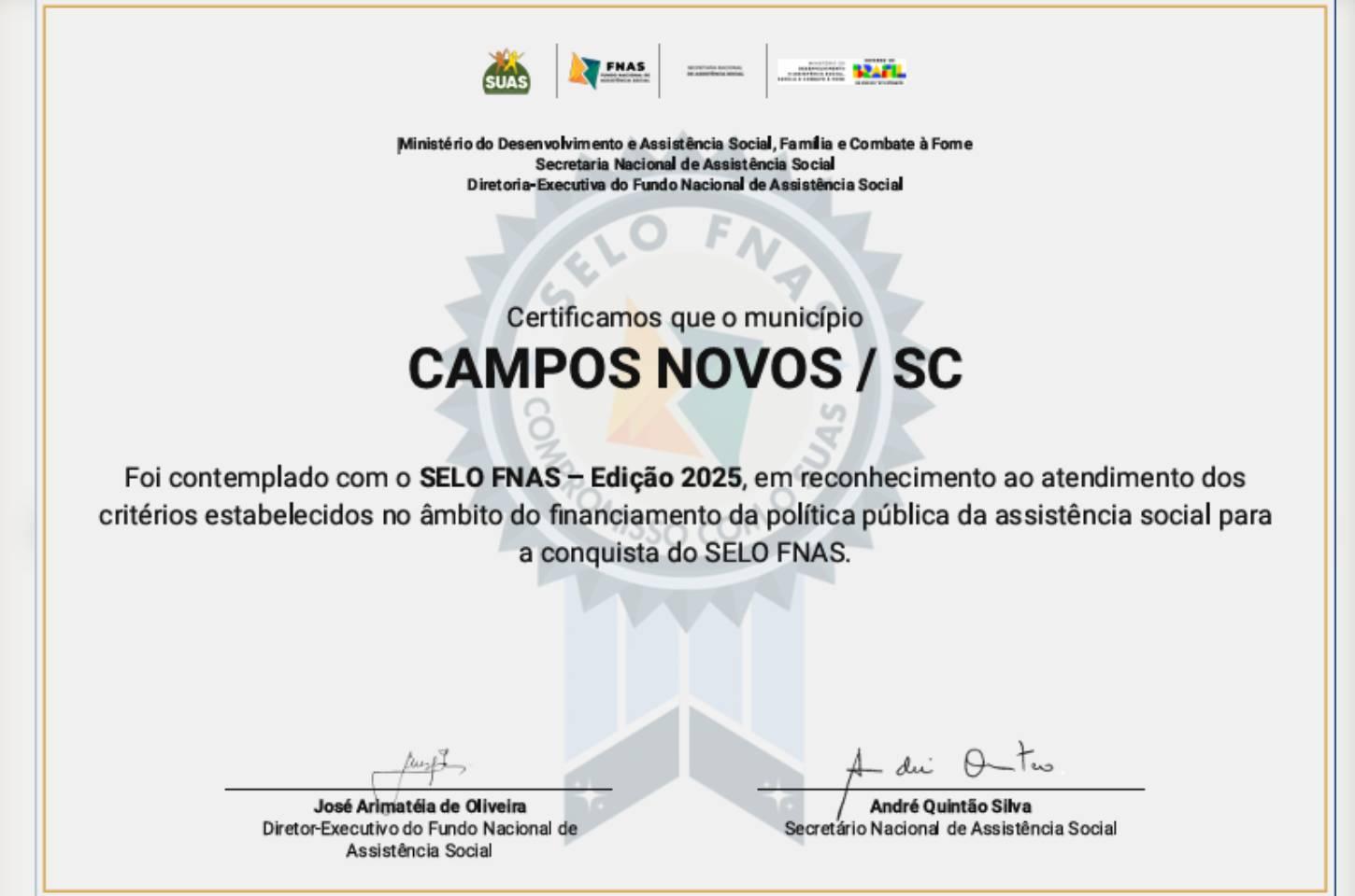 Campos Novos conquista Selo FNAS e se destaca na gestão da assistência social