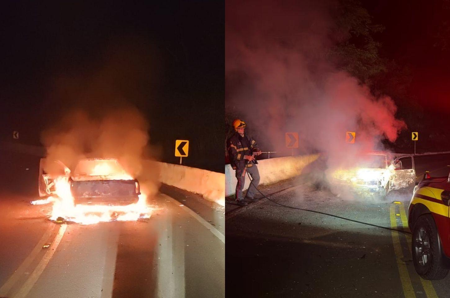 Veículo é destruído por incêndio na SC-135, em Celso Ramos
