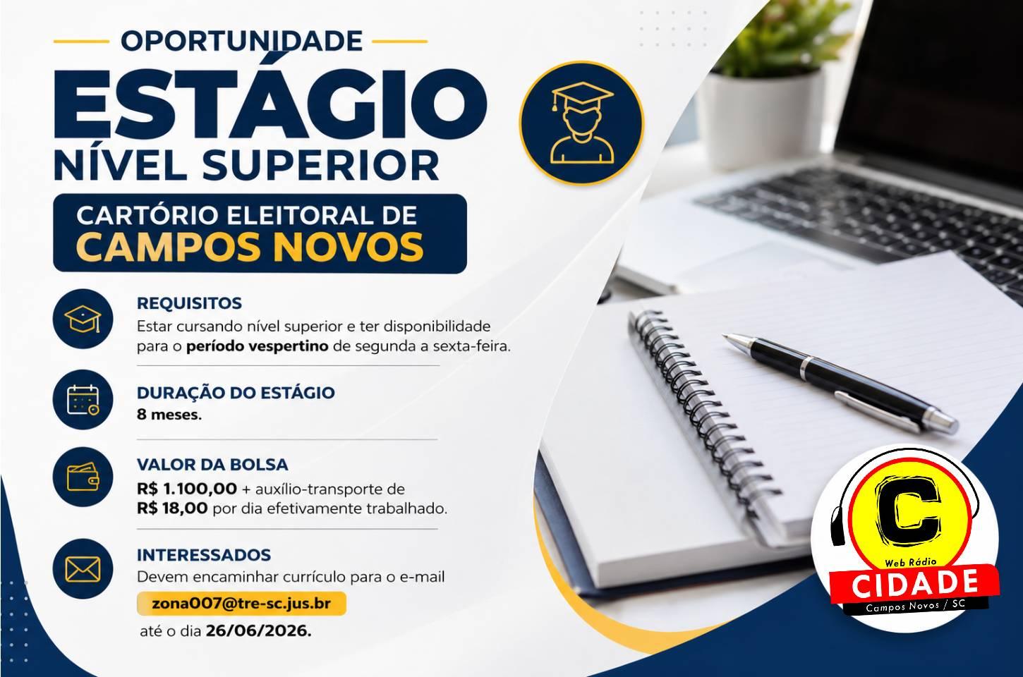 Cartório Eleitoral de Campos Novos abre vaga de estágio para estudantes de nível superior