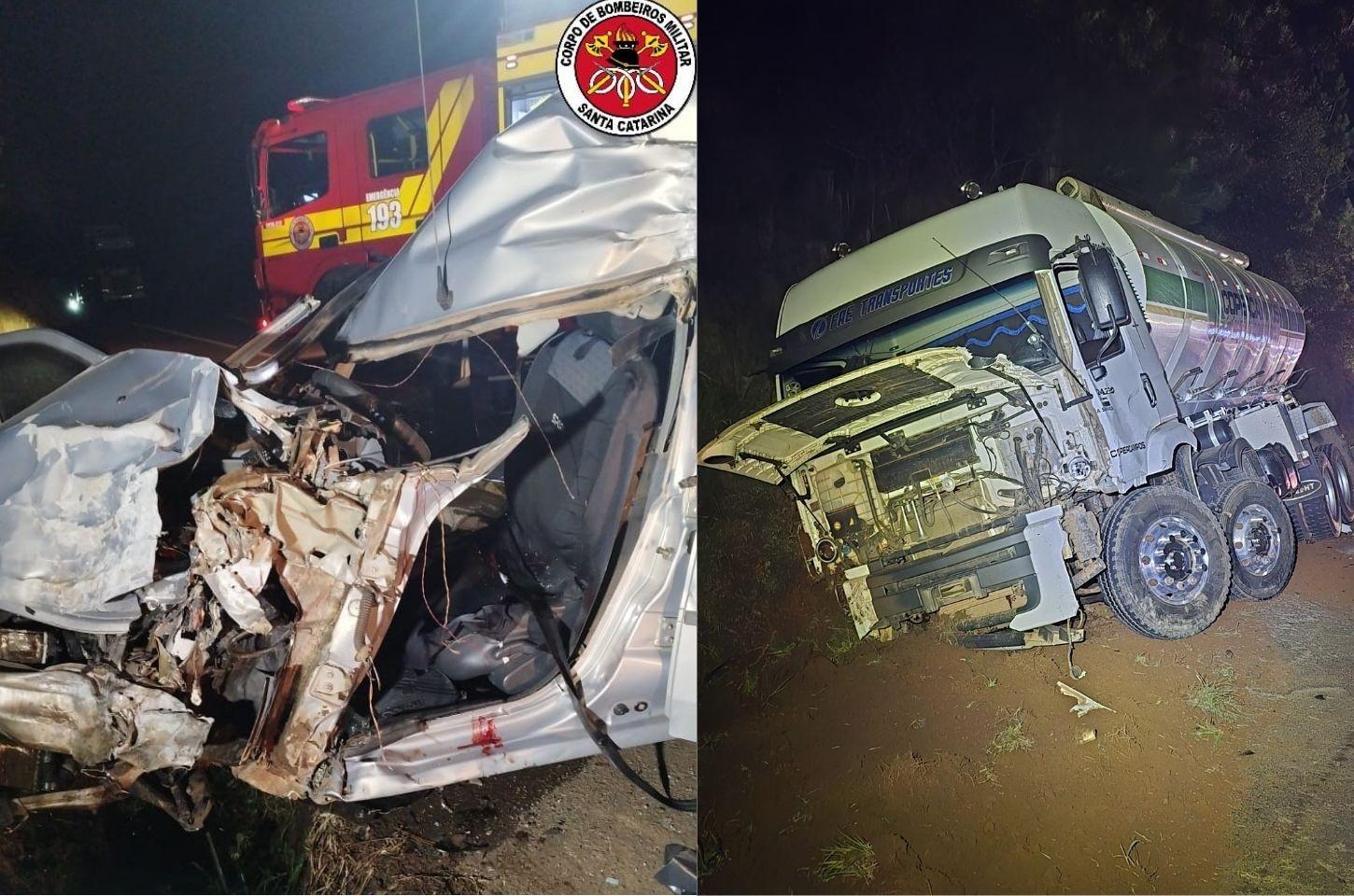 Colisão frontal entre carro e caminhão deixa um morto na BR-282 em Campos Novos