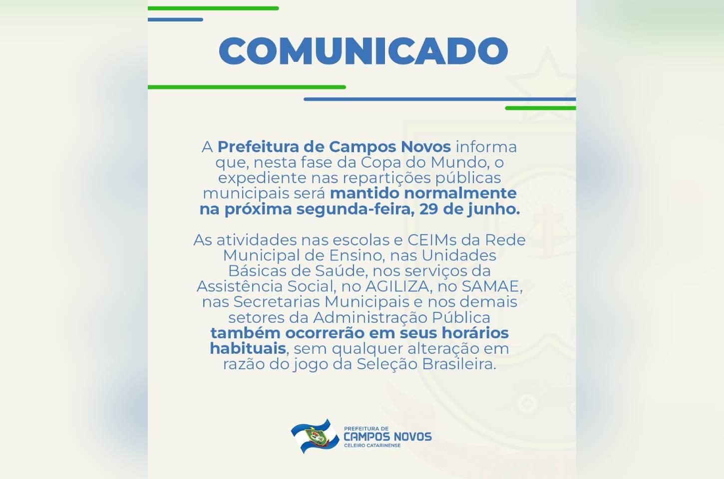 Prefeitura de Campos Novos mantém expediente normal durante jogo da Seleção Brasileira