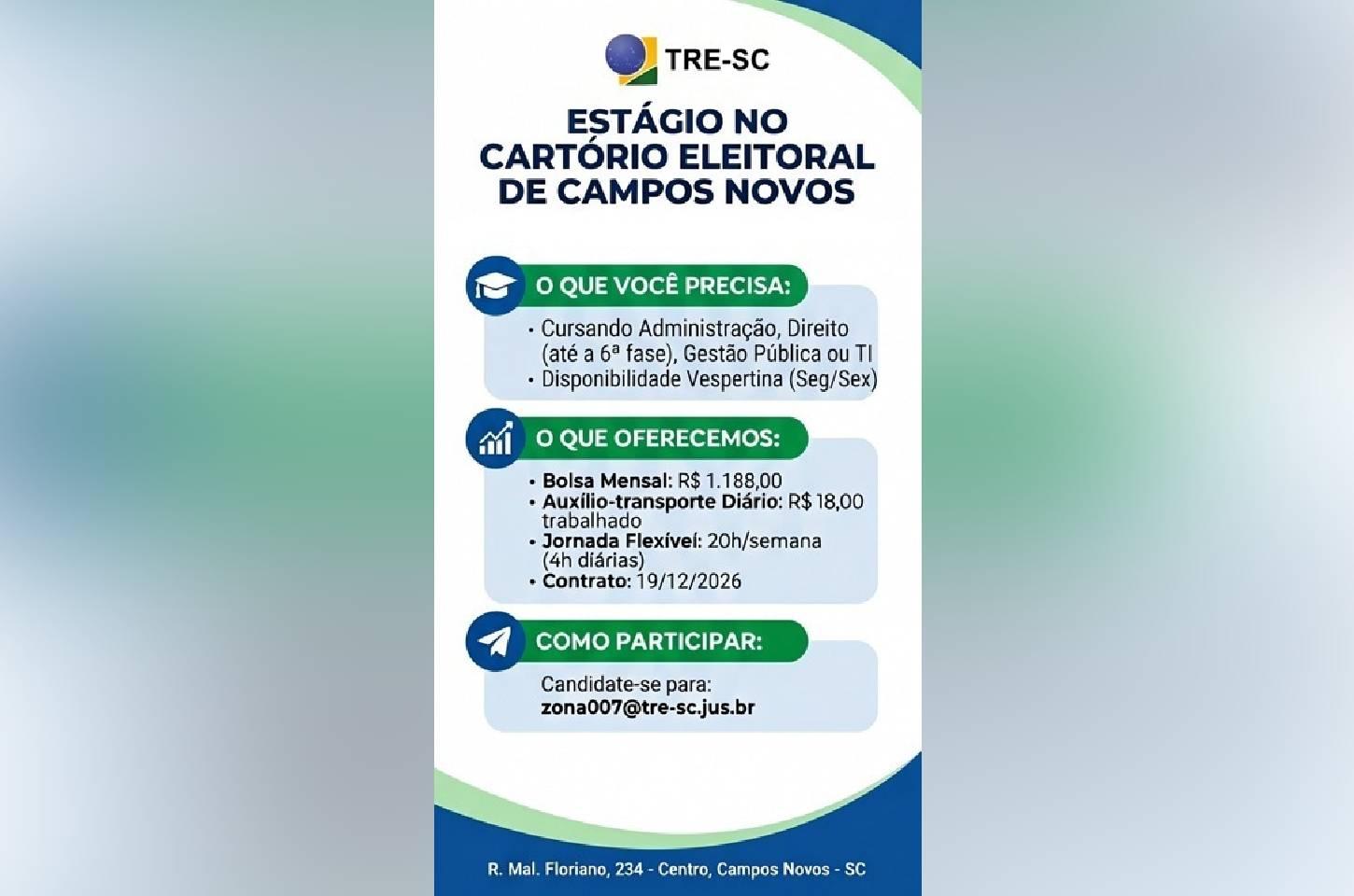 Cartório Eleitoral de Campos Novos abre vaga de estágio para estudantes de Administração, Direito e Gestão Pública